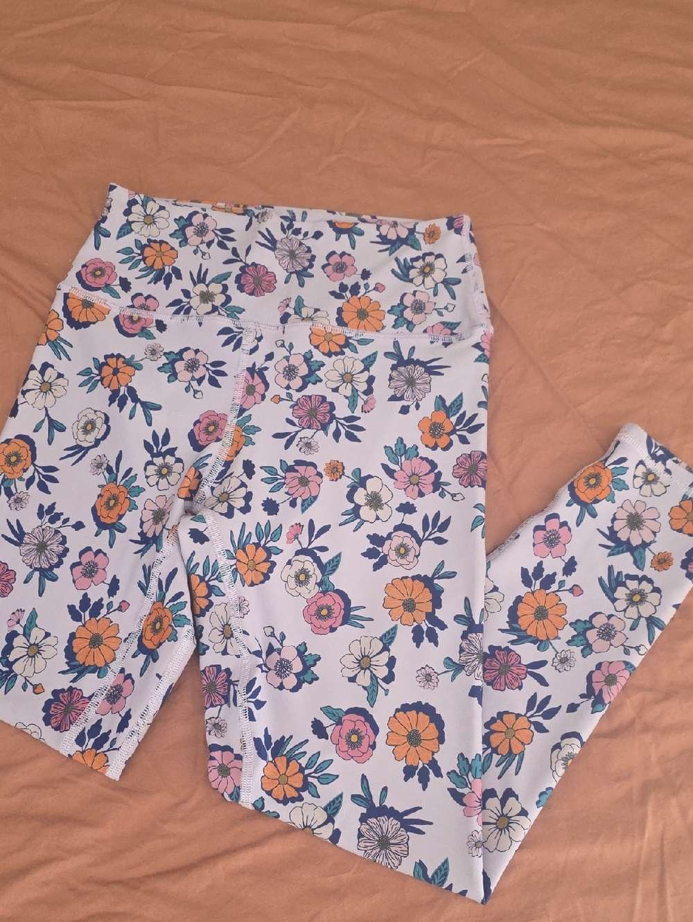 BECCA White Floral Leggings with Orange and Pink Flowers
